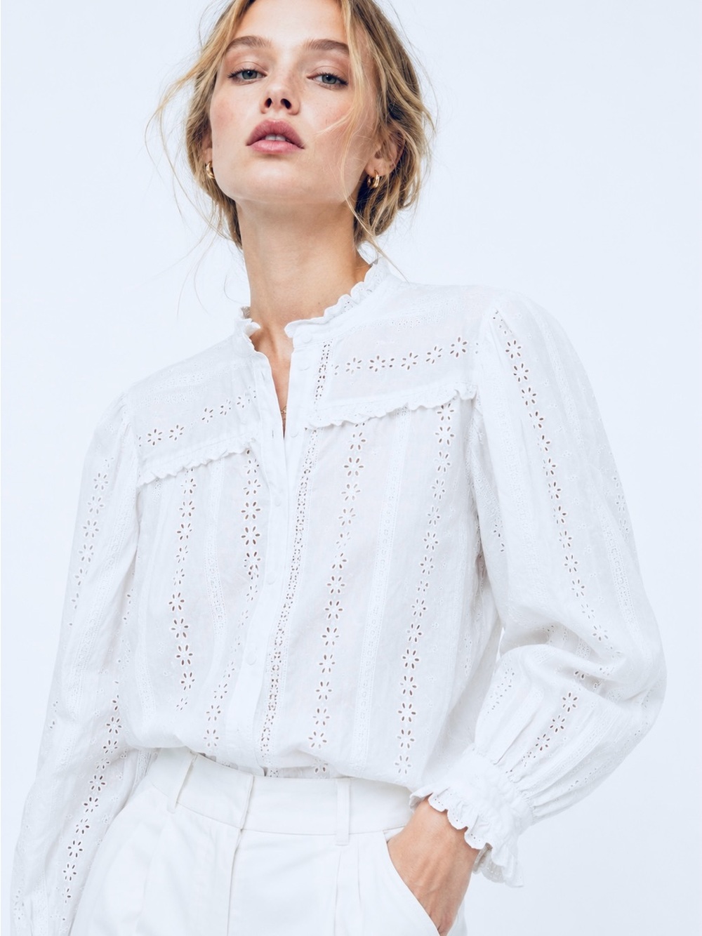 ZARA White Eyelet Lace Blouse w Ruffle Trim Feminine Womens Top